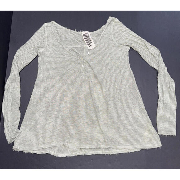 Free People Beach Boho Striped Oversized Dusty Sage Gauze Henley  Long Sleeve Sm - Picture 3 of 14